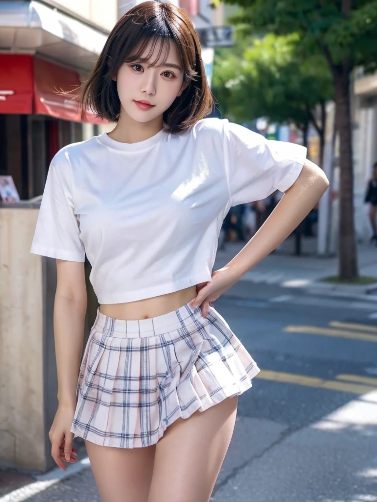 best quality, 8k, very delicate and beautiful, highly detailed face and skin texture, shiny skin, high resolution, cute japanese girl in white shirt and short plaid skirt walking on street in city, full body, sharp focus