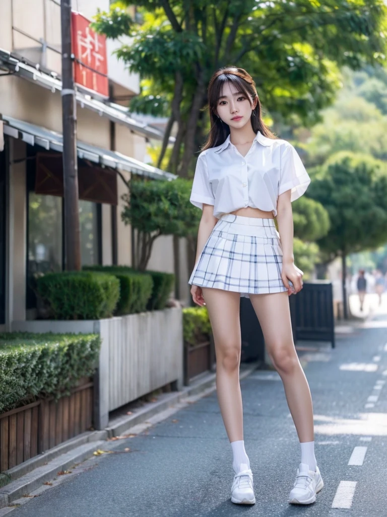 best quality, 8k, very delicate and beautiful, highly detailed face and skin texture, shiny skin, high resolution, cute japanese girl in white shirt and short plaid skirt walking on street in city, full body, sharp focus