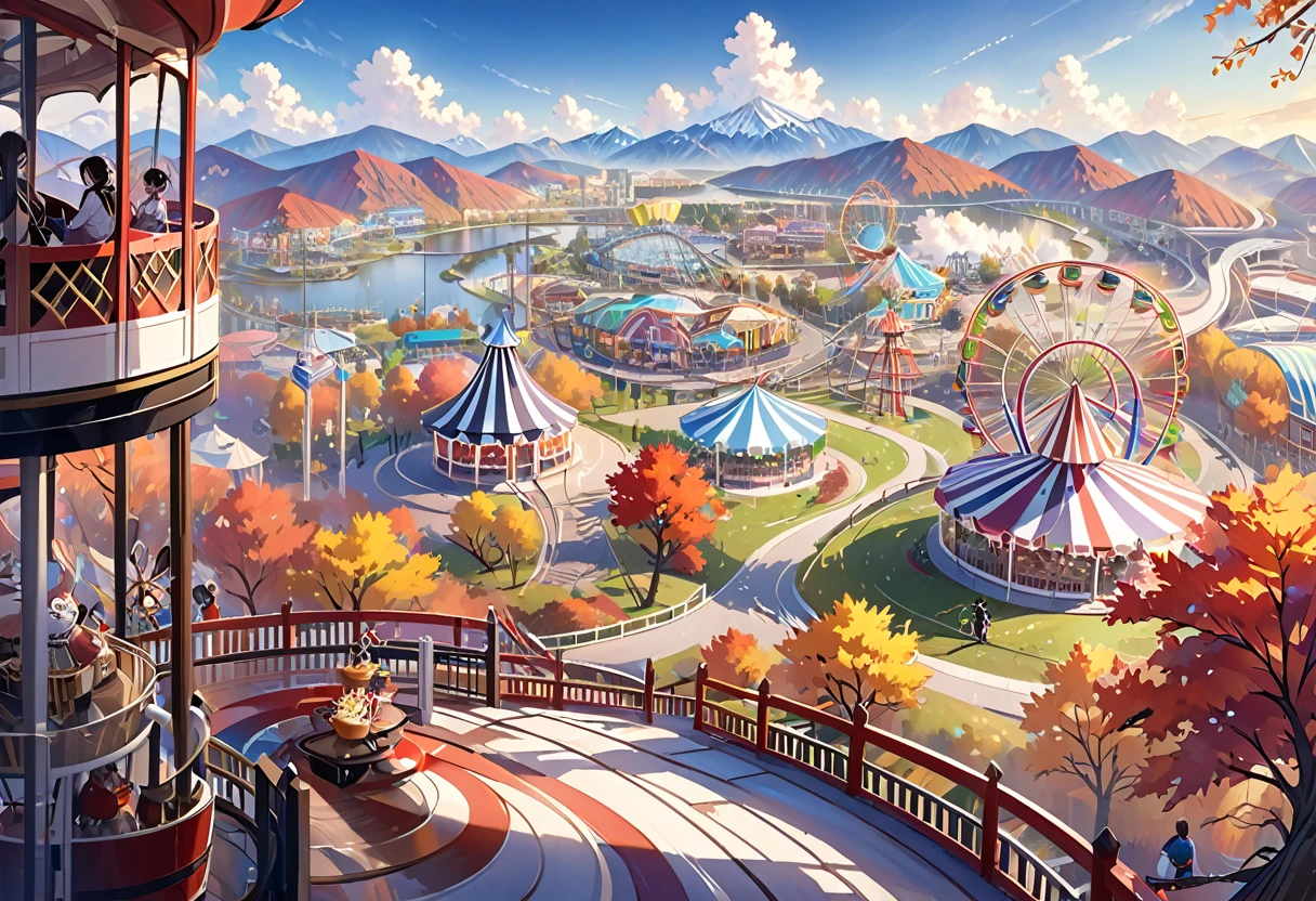 The scenery outside the window of the gondola at the top of the Ferris wheel, can see roller coasters, carousels, haunted teacups, and more, distant view, outside the amusement park is a residential area, mountains can be seen in the distance, amusement park,It is late autumn, 