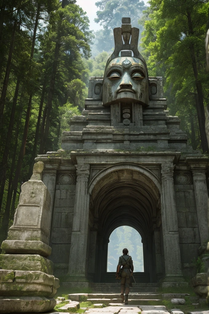 There is a stone statue in the middle of the forest, Stone Eyes, Oxagian 3D Epic, movie『tomb raider』Stills of, By Simon de Vlieger, Ancient sacred architecture, Monster Mask, Anamorphic Widescreen, Photorealistic - N 9, Neo-Andean architecture, PS2 Graphics, Today's Featured Photo 4k, Psychic Trance