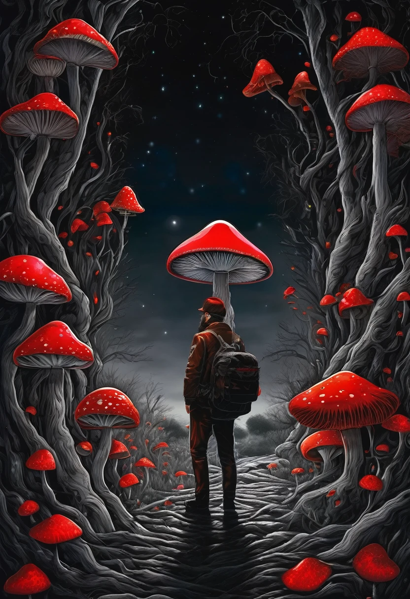 (best quality, masterpiece, ultra detailed), A man and a small red mushroom in a pitch black space