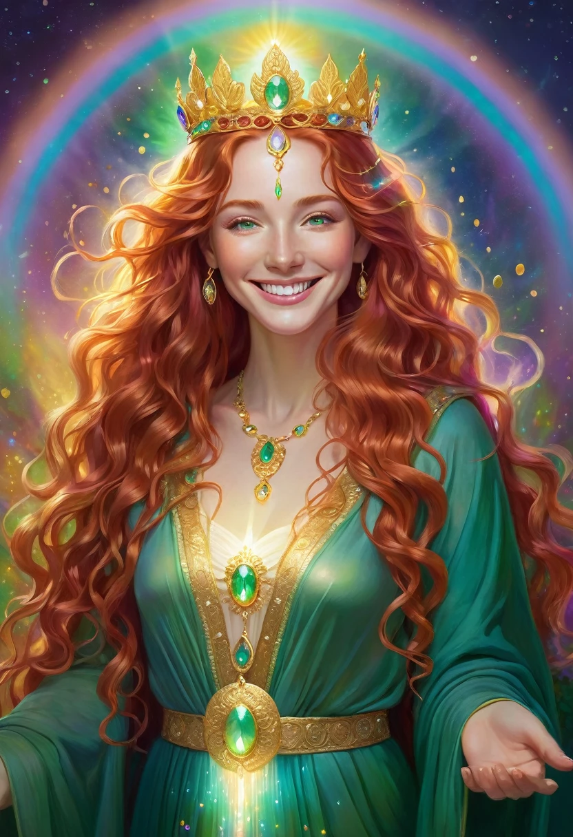 A goddess with long red wavy hair. She is surrounded by pastel iridescent light. She smiles with wisdom and compassion in her eyes. She smiles sweetly, wears a jeweled crown and deep green robes. Her aura shines golden and has an overwhelming presence. A symbol of beauty. Gold coins overflow. wealth. in a sacred space. rainbow light