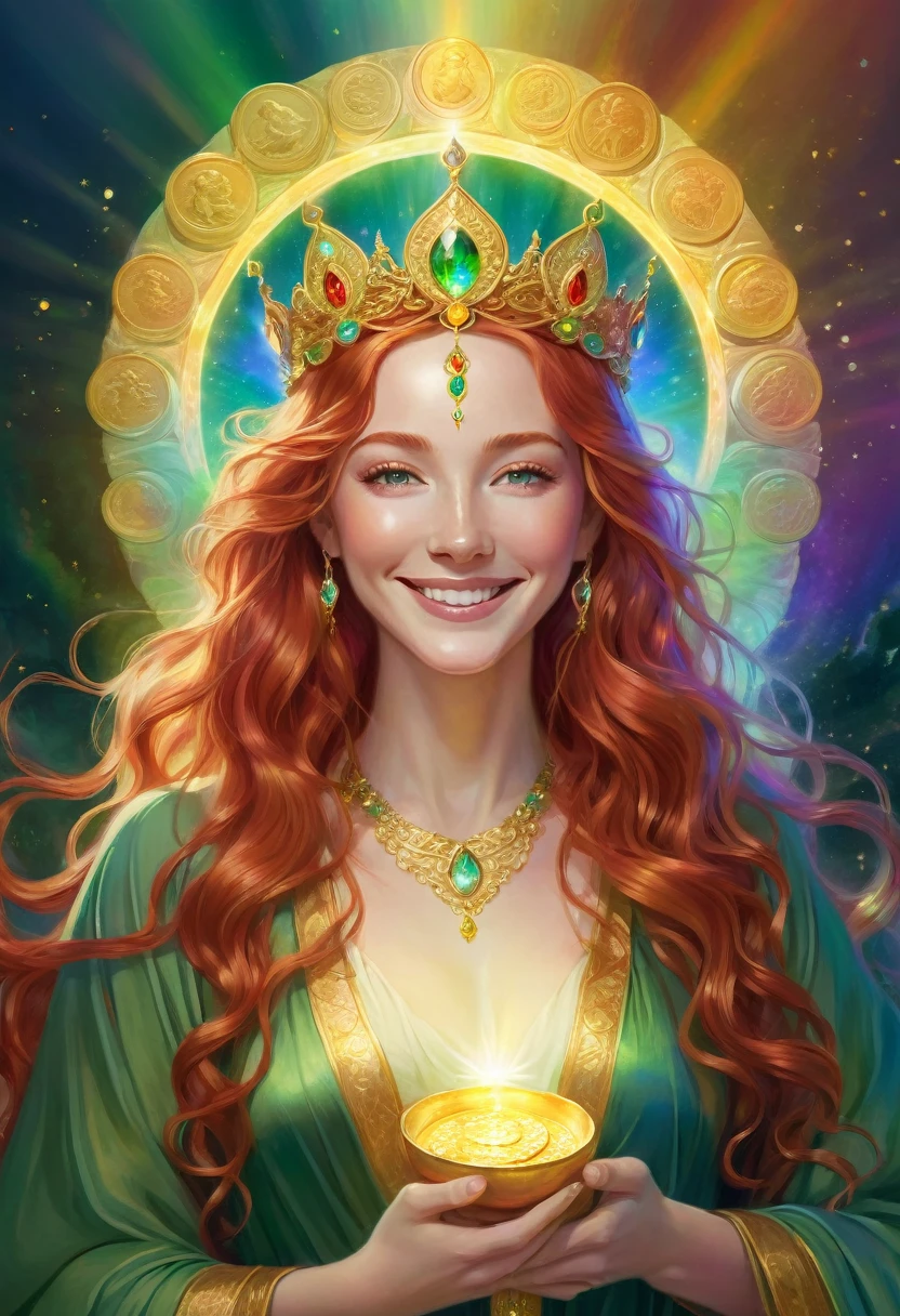A goddess with long red wavy hair. She is surrounded by pastel iridescent light. She smiles with wisdom and compassion in her eyes. She smiles sweetly, wears a jeweled crown and deep green robes. Her aura shines golden and has an overwhelming presence. A symbol of beauty. Gold coins overflow. wealth. in a sacred space. rainbow light