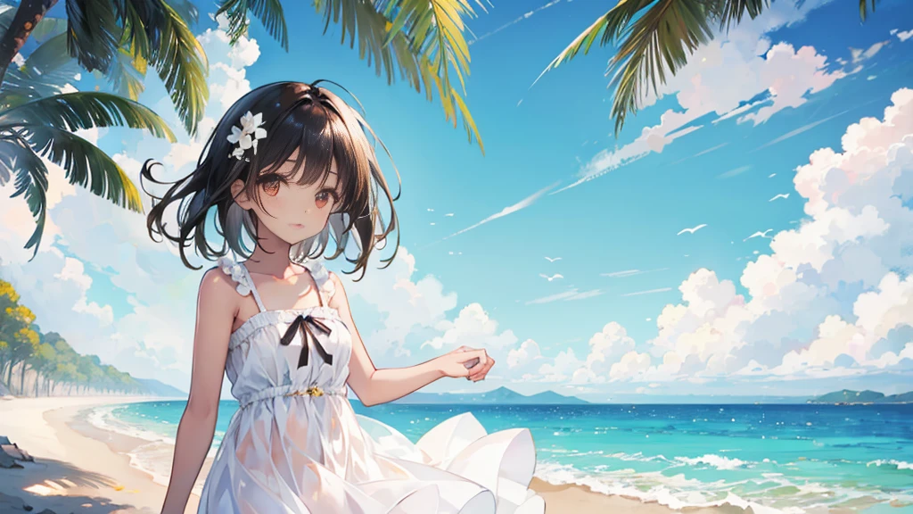 White dress, sea background, brown skin girl, sunny day, black hair, calm expression, right in front、sunlight