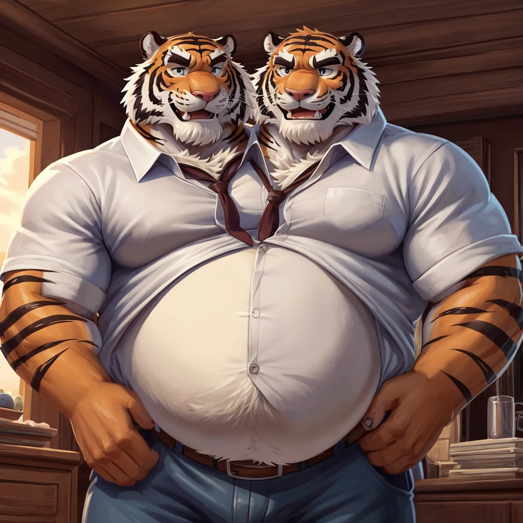 rugged dominant tiger and younger tiger with two heads on one body, necks, eyes, adult, male, (by adios:1.3) (dadbod, chubby, big belly, correct hands, correct anatomy, (ultradetailed, best quality, detailed masterpiece, highly detailed masterpiece, 4k, professional cartoon), button shirt, wide shoulders, father and son conjoined as two-headed tiger. talking