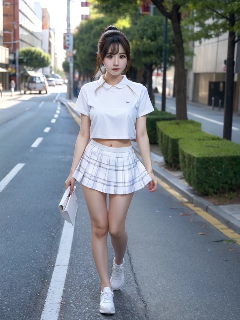 best quality, 8k, very delicate and beautiful, highly detailed face and skin texture, shiny skin, high resolution, cute japanese girl in white shirt and short plaid skirt walking on street in city, full body, sharp focus