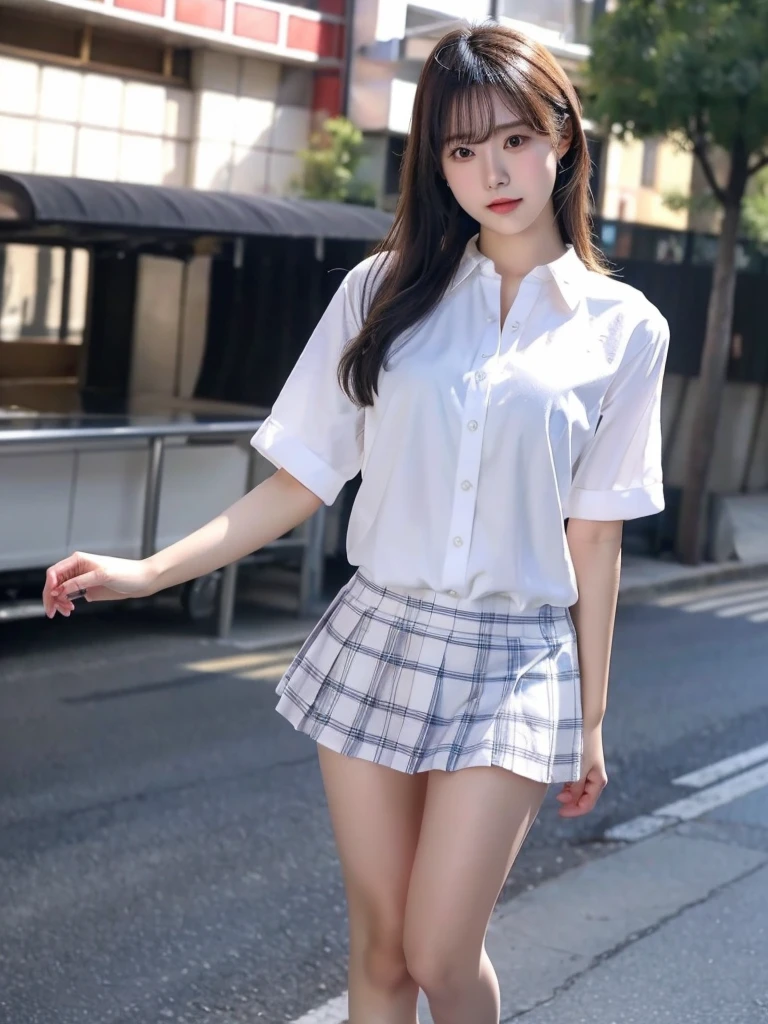 (Browsing Caution), (masterpiece), (High resolution), (Highest quality). Japanese  high school、sit on a bench at the station、languid look、Throw your feet forward、lean back、Anatomically correct、beautiful girl、Spread your legs、A see-through white shirt、Skirt lift by hand、I can see her panties