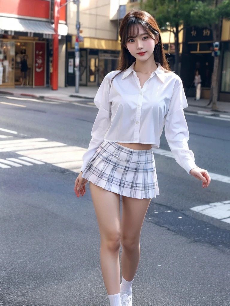 best quality, 8k, very delicate and beautiful, highly detailed face and skin texture, shiny skin, high resolution, cute japanese girl in white shirt and short plaid skirt walking on street in city, full body, sharp focus