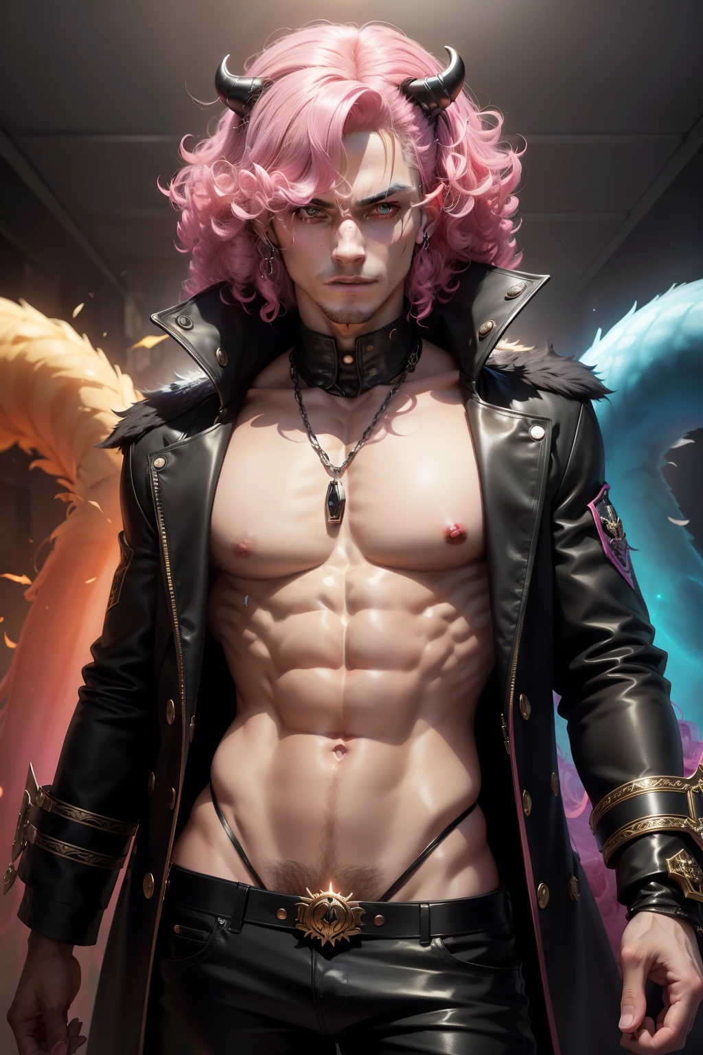 (8k,shipmentsrrealista shipments Maximum quality;1.4) (ung boy) Super handsome king of the underworld (lifelike face) (curly hair pink hair) slenderbody Muscular and macho Black and rainbow aristocratic costume with big rainbow eyes Rainbow decoration Fangs peeking out of the mouth Pointed claws a seductive gaze Beautiful expression A hyper-realistic (King of the Underworld) appealing (real looking skin) super high resolution high détail Black luxury pants Rainbow aura emanating from the body effect pink coat