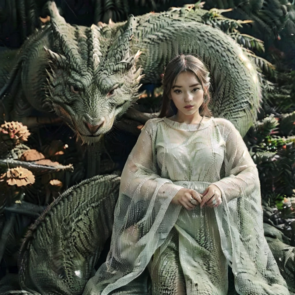 a beautiful woman in a green and white dress standing next to a dragon, masterpiece, hand101
