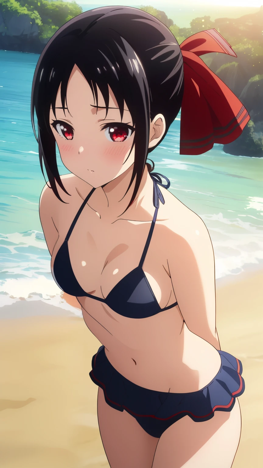 (best quality, masterpiece, 8k:1.2), (anime:1.2), detailed, Shinomiya Kaguya,1girl, solo, (black hair:1.2), side Lock, red eyes, short hair, folded ponytail, red hair ribbon, eye light, small medium breasts, (Swimsuit, bikini, beach, blush),
Definition CG Unity, Perfect lit, bright_front_face_lit,Super detailed, photograph, 8K, nffsw, High resolution, (absurd:1.2), kodak portrait 400, film grain, Lens flare, (lively_color:1.2), looking at the viewer, (cowboy shot:1.2), dynamic angle,