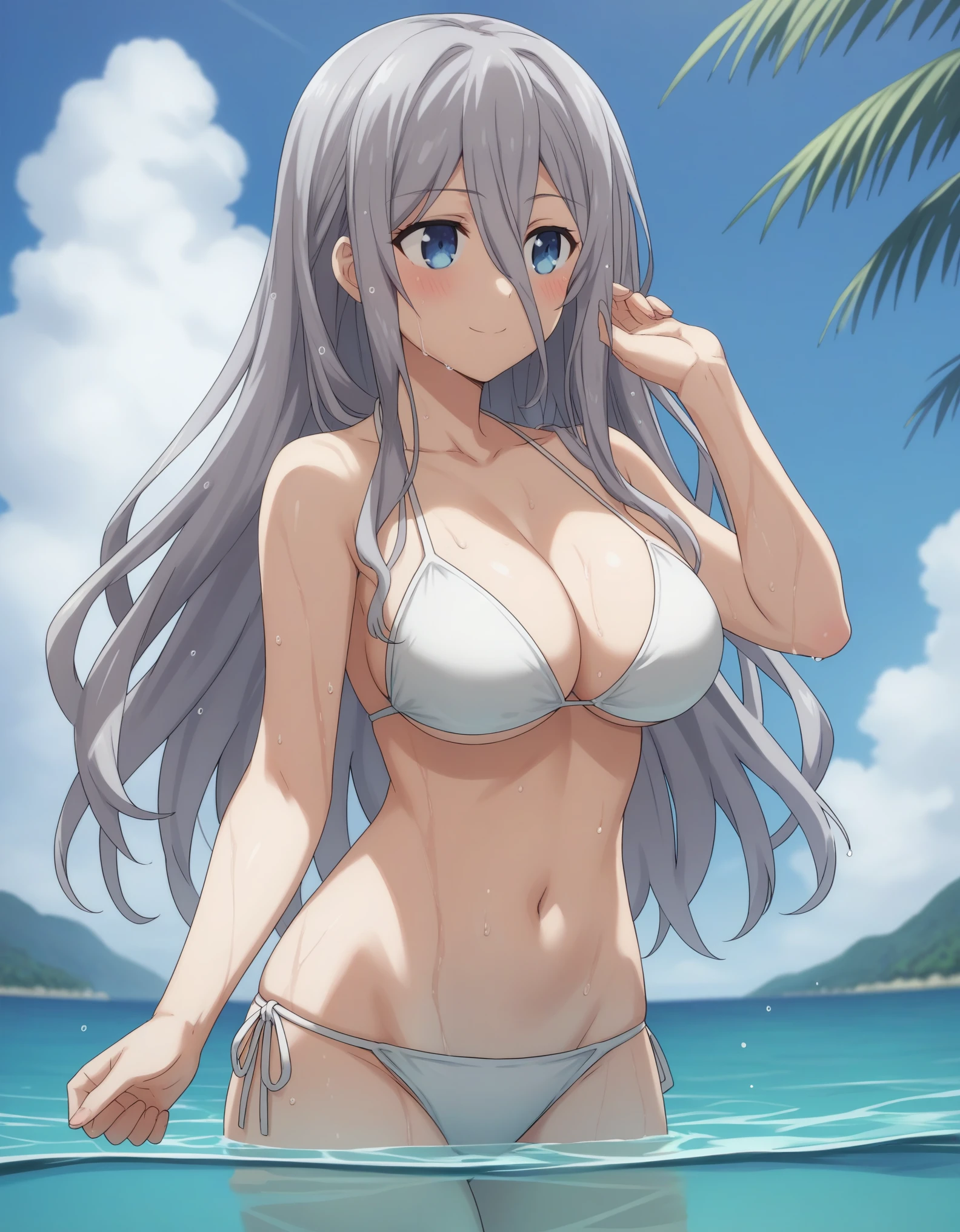 score_9, score_8_up, score_7_up, source_anime, reinamurasame, reina murasame, a drawing of a woman in a bikini looking into the water and smiling, 1girl, bikini, swimsuit, solo, big breasts, blue eyes, long hair, outdoors, cleavage, navel, wet, sky, smile, blush, side-tie bikini bottom, wading,reina murasame, long hair, blue eyes, grey hair, hair between eyes,