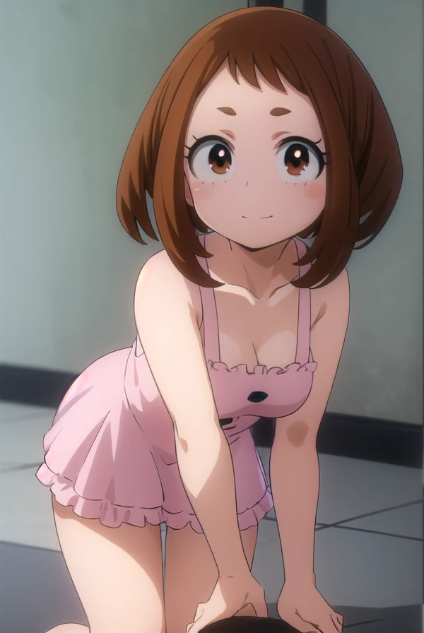 ochakouraraka, ochako uraraka, (uraraka ochako:1.5), (brown eyes:1.5), brown hair, short hair, blush, blush stickers, smile,
BREAK bare shoulders,pink dress,pink pajamas,bare shoulders,medium breasts,bare legs,cleavage,frilled dress,collarbone,bare foot,panorama,BREAK looking at viewer,BREAK (masterpiece:1.2), nsfw, best quality, high resolution, unity 8k wallpaper, (illustration:0.8), (beautiful detailed eyes:1.6), extremely detailed face, perfect lighting, extremely detailed CG, (perfect hands, perfect anatomy)