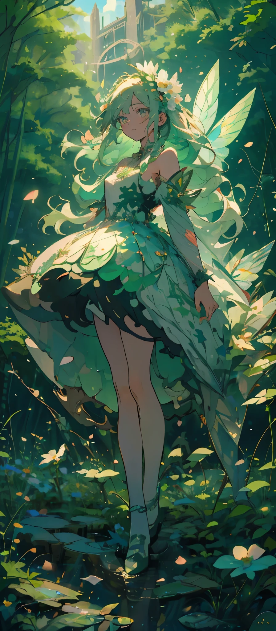 (Mastepiece), (Best Quality), Very detailed, 1 girl, (Solo full body shot:1.4), Perfect Face, beautiful girl, Very detailedな顔，Green and white long hair:1.5)，(Green Eyes:1.4)，(Lots of butterflies々:1.2)、(Abandoned City、forest、Flower Field:1.4)、(Lots of petals:1.3)、(gem:1.3)、(smile:1.3)、Fairy、mysterious、Fantasy、beautiful、beautiful
