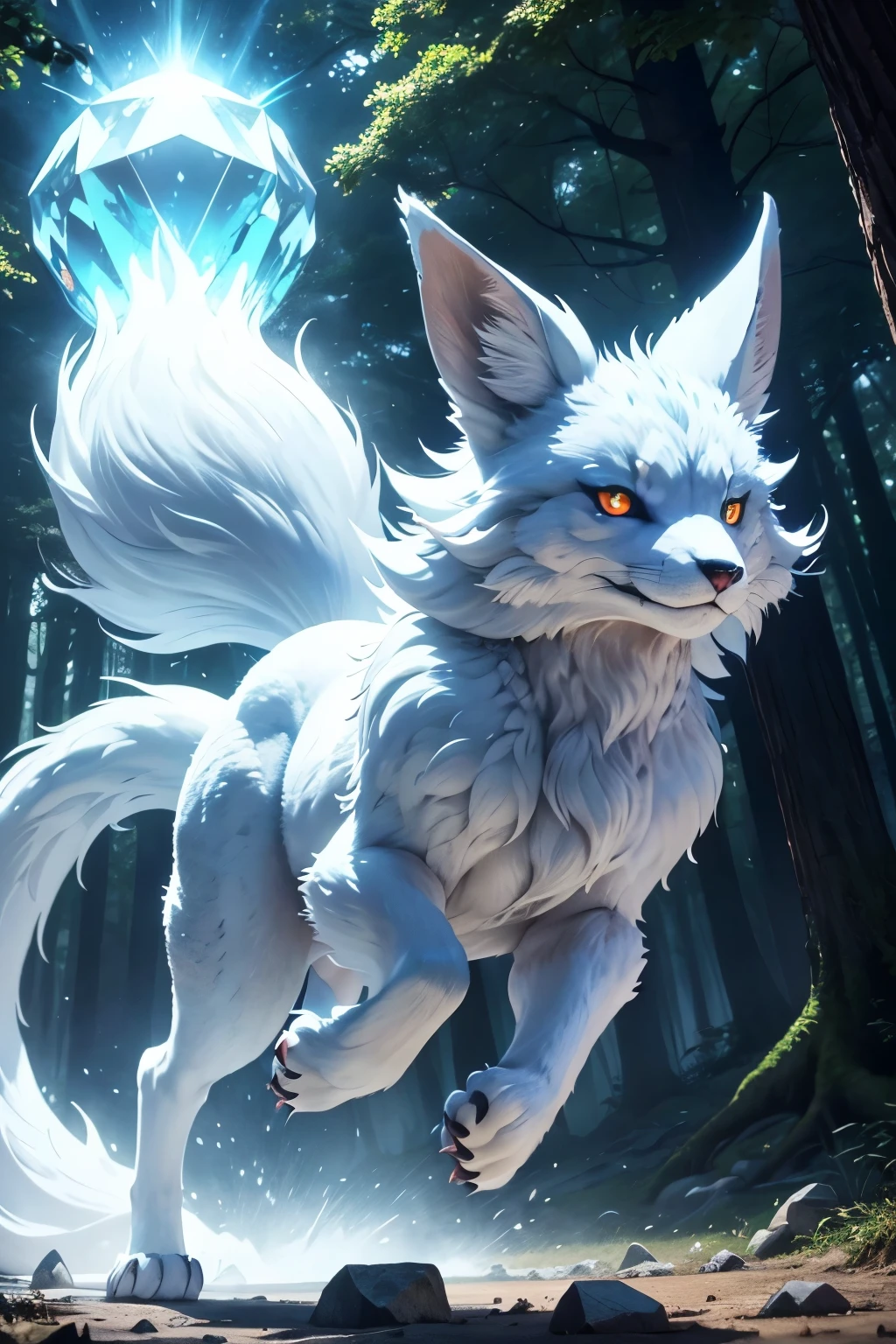 9-tailed fox running in the forest, Day Light, epic, anime styling, beautiful and monstrous, masterful, pelugem linda, white and blue, blue bright eyes, crystals in the body, diamond paws and claws., ultra detaild, anime style, bijuu, 3 meters tall, sideways raptor. anime styling. Long and long body, giant caldas, powerful appearance, paws with sharp and large diamond claws, body tunified by sharp diamonds. Shiny diamond paws