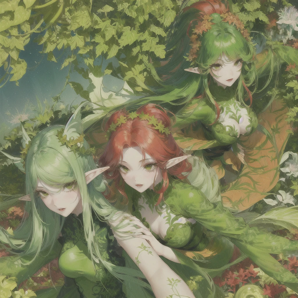 image of a girl with red hair and green dress, green skin, humanoid flora, plant monster, alien flora, elf girl wearing an flower suit, a plant monster, poison ivy, flower queen, lamia, monster girl, tatsumaki, alien plant, a humanoid thistle monster, alien princess