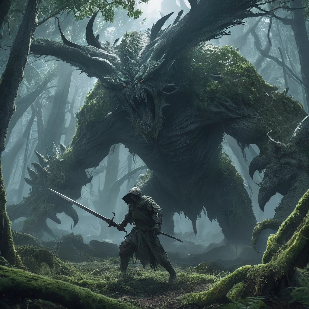shadowy medieval forest, a young teen named Aiden, armed with a small sword, moves cautiously through the twisted, ancient trees. His village is under siege by menacing tree monsters, creatures of bark and shadow that emerge from the darkness to terrorize the night. The forest is thick with the scent of damp earth and decay, and moonlight barely pierces the dense canopy, casting shifting, watchful shadows. A sudden rustling, the crack of a twig—Aiden’s heart races as he turns, his small sword held tight, ready to defend. The ancient forest seems alive, brimming with malice. Each step leads him deeper into the darkness, where he must face these monstrous entities and save his village before dawn breaks.