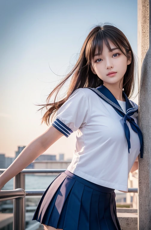 (Highest quality, 8k, 32K, masterpiece, 超High resolution:1.2), (RAW Photos), (Realistic), (photoRealistic:1.2), (High resolution), Large file size, Very detailed, Very beautiful face & eye, One girl, Japanese elementary school students,14, , 12 years oldsmall face, Baby Face, Narrow waist, Large Breasts, Slim figure, Thin thighs, (Dark blue pleated mini skirt, Japanese sailors, sailor fuku, Seraphim, Japanese school sailor uniform), Nice hands, Perfect hands, Accurate hand drawing, 完璧な親refer to & refer to, Sweaty, A shy smile, Pure white teeth, From below, blue sky, Skyscraper, Rooftop at dawn, summer,
information