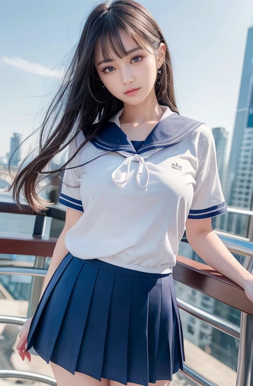 (Highest quality, 8k, 32K, masterpiece, 超High resolution:1.2), (RAW Photos), (Realistic), (photoRealistic:1.2), (High resolution), Large file size, Very detailed, Very beautiful face & eye, One girl, Japanese elementary school students,14, 13 years old, 12 years old, Round and small face, Baby Face, Narrow waist, Large Breasts, Slim figure, Thin thighs, (Dark blue pleated mini skirt, Japanese sailors, sailor fuku, Seraphim, Japanese school sailor uniform), Nice hands, Perfect hands, Accurate hand drawing, 完璧な親refer to & refer to, Sweaty, A shy smile, Pure white teeth, From below, blue sky, Skyscraper, Rooftop at dawn, summer,
information
