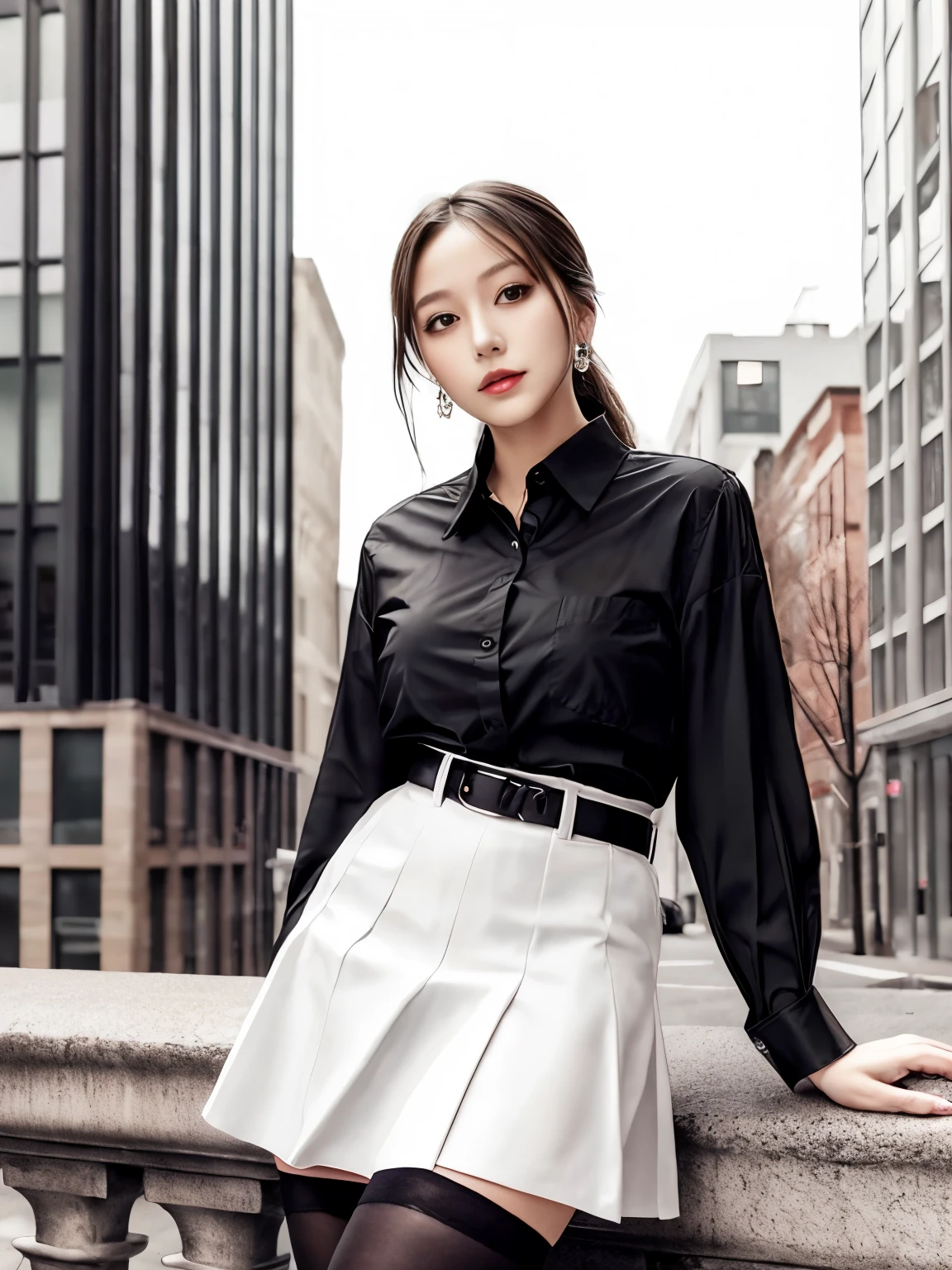 woman, black buttoned shirt, outdoors, leaning on building, white skirt, black stockings, portrait, masterpiece, earrings