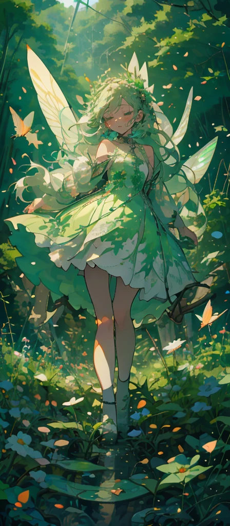 (Mastepiece), (Best Quality), Very detailed, 1 girl, (Solo full body shot:1.4), Perfect Face, beautiful girl, Very detailedな顔，Green and white long hair:1.5)，(Green Eyes:1.4)，(Lots of butterflies々:1.2)、(Abandoned City、forest、Flower Field:1.4)、(Lots of petals:1.3)、(gem:1.3)、(smile:1.3)、Fairy、mysterious、Fantasy、beautiful、beautiful