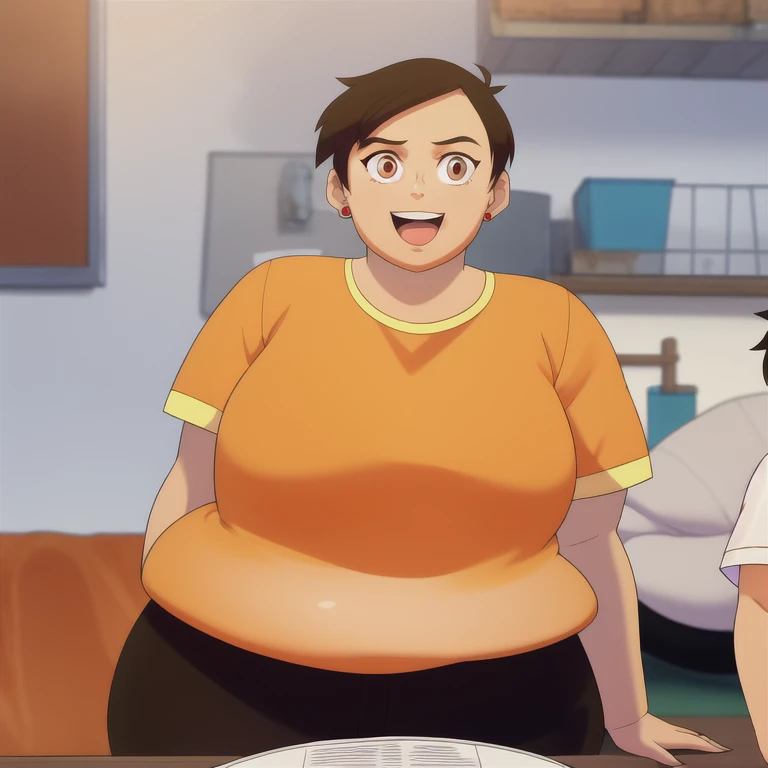 masterpiece, best quality, mawsLoisLane, 1 fat girl, solo, black hair, short hair, brown hair, upper body plus, SSBBW, smile, shirt, red shirt, looking at viewer, indoor, arms behind back, open mouth, black leggings, earrings, sunlight, Clothing fitted to his voluminous body 