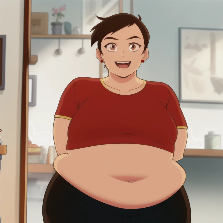 masterpiece, best quality, mawsLoisLane, 1 fat girl, solo, black hair, short hair, brown hair, upper body plus, SSBBW, smile, shirt, red shirt, looking at viewer, indoor, arms behind back, open mouth, black leggings, earrings, sunlight, Clothing fitted to his voluminous body 