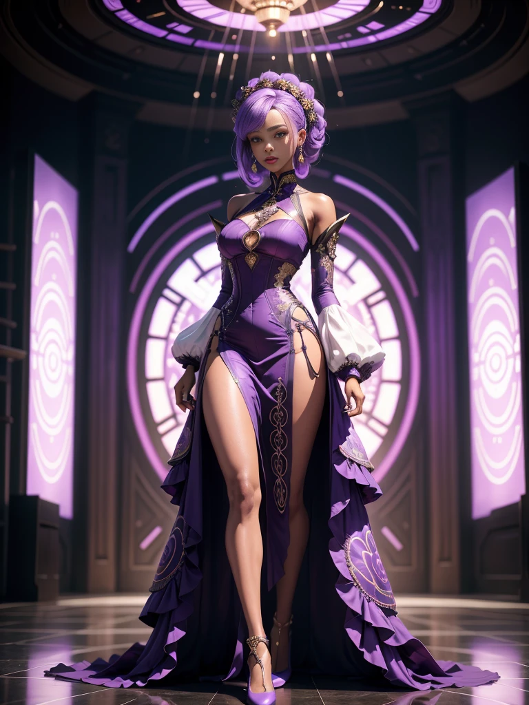 a woman in a purple and white dress standing in a room, a 3D render inspired by Chinwe Chukwuogo-Roy, trending on cg society, afrofuturism, intricate dress, opened dress, detailed dress, an intricate dress, intricate fantasy dress, intricate clothes, detailed dress and face, intriguing outfit, intricate gown, light half opened dress