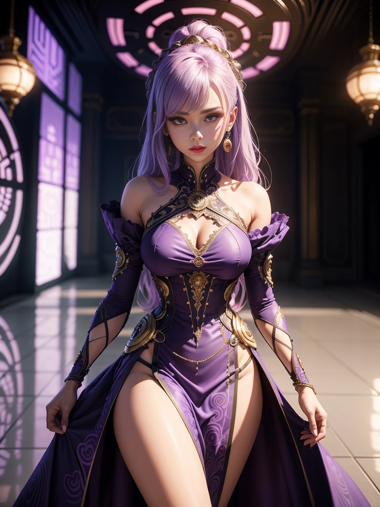 a woman in a purple and white dress standing in a room, a 3D render inspired by Chinwe Chukwuogo-Roy, trending on cg society, afrofuturism, intricate dress, opened dress, detailed dress, an intricate dress, intricate fantasy dress, intricate clothes, detailed dress and face, intriguing outfit, intricate gown, light half opened dress
