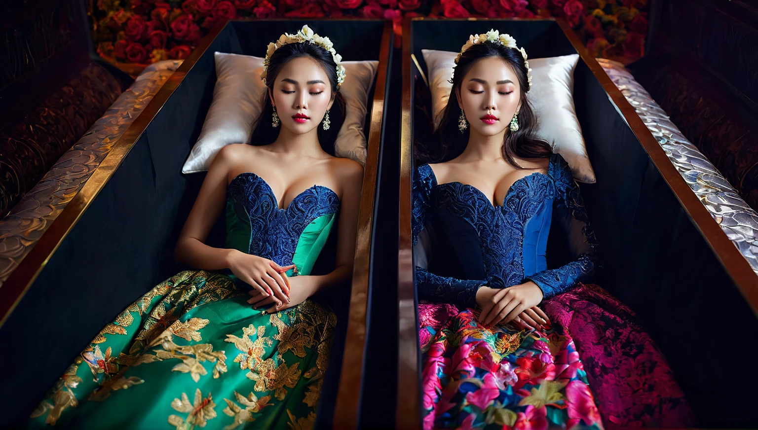 In a striking 8K HDR scene, a stunning Korean woman, 22 years old, lies peacefully in a black coffin surrounded by plush pillows. The deep box is set against a rich black background, accentuating the beauty of the subject. Her exquisite deep-V neckline kebaya attire is embroidered with superb detail, showcasing her round and firm breasts, perfect cleavage, and beautiful eyebrows. Her closed eyes and mouth give an air of serenity, while her visible and absolute cleavage leave nothing to imagination. The scene is bathed in saturated colors, highlighting every intricate aspect from the ball skirt to her clean face, straight body, detailed hand perfect hands, straight body, holding the flowers, straight legs, detailed fingers, detailed hand, round breasts