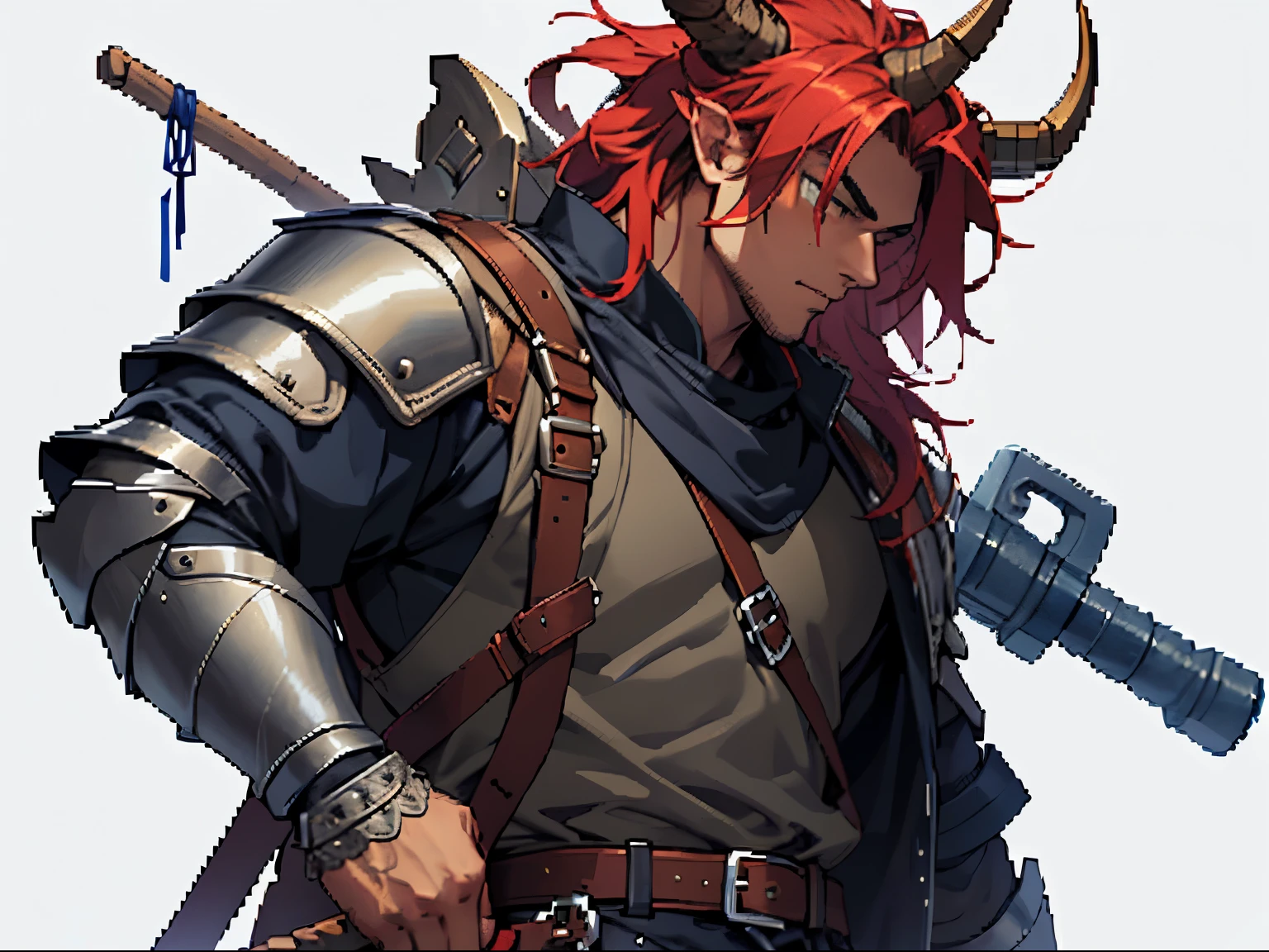 A pixel art of a Medieval Mercenary wearing leather armor, tall horned man carrying a hammer on his back, (ultra detailed), (masterpiece), Intricate, Intricate details, pixel art