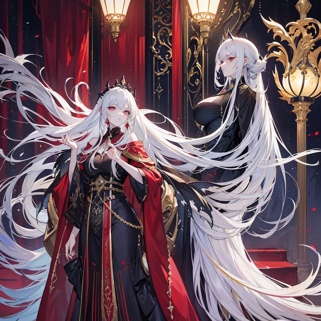Create a detailed character design of a Linaris, a vampire-human hybrid with a predominantly vampiric appearance. The Linaris has skin that is nearly white with a porcelain-like sheen and a subtle bluish tint. Its eyes are glowing yellow, casting an eerie and captivating light in the dark. The character’s long, thick white hair flows elegantly, adding to its ethereal presence. Display sharp, long fangs that are prominently visible, hinting at its predatory nature. The body is lean and athletic, with defined muscles, standing between 160 and 190 cm tall. The hands and feet are elongated with claws-like, sharp nails. Showcase the Linaris in luxurious, opulent medieval attire, such as a richly embroidered velvet coat, elaborate jewelry, and a regal cape. Position the character in a lavish fantasy bar, complete with rich wood paneling, golden accents, and a mix of dim, ambient lighting that enhances the character’s sinister and majestic aura.