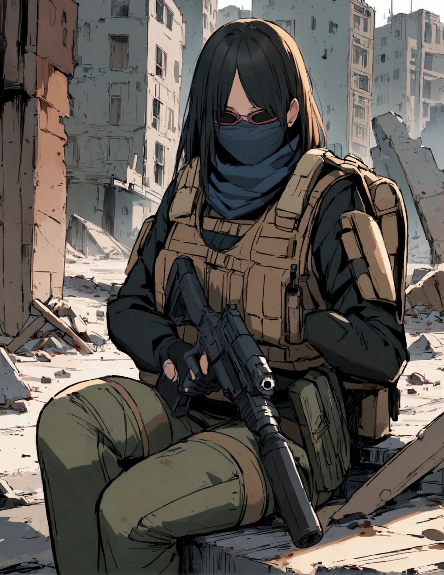 Female, masked, hidden face, Black hairbangs, balaclava with glasses, free hair, black jacket, post apoclayptic, in a city ruins, sitting down, tactical vest, backpack, holding a pistol, rust shoulder armor, cool, sfw, female survivor, tall and slim
