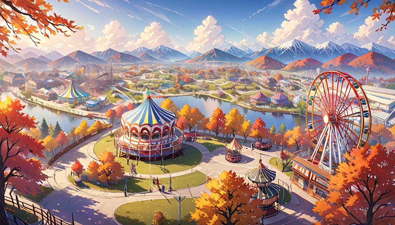 The scenery outside the window of the gondola at the top of the Ferris wheel, can see roller coasters, carousels, haunted teacups, and more, distant view, outside the amusement park is a residential area, mountains can be seen in the distance, amusement park,It is late autumn,