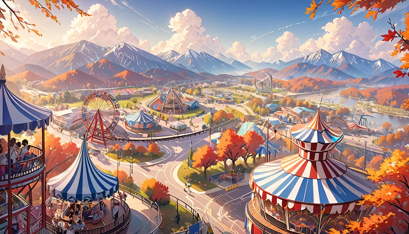 The scenery outside the window of the gondola at the top of the Ferris wheel, can see roller coasters, carousels, haunted teacups, and more, distant view, outside the amusement park is a residential area, mountains can be seen in the distance, amusement park,It is late autumn, 