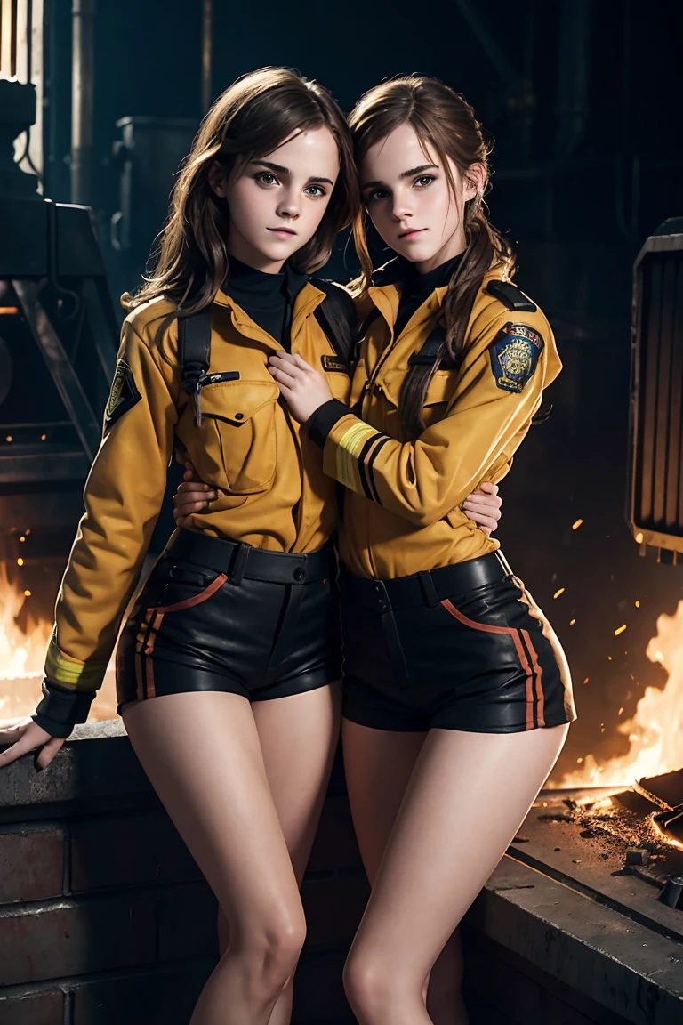 teen emma watson as two sexy firefighter girls sitting on a fence. tight intricate uniform. brown shorts. slender body. hugging each other. open legs. inside dark metal factory. dark background, furnace. goggles.