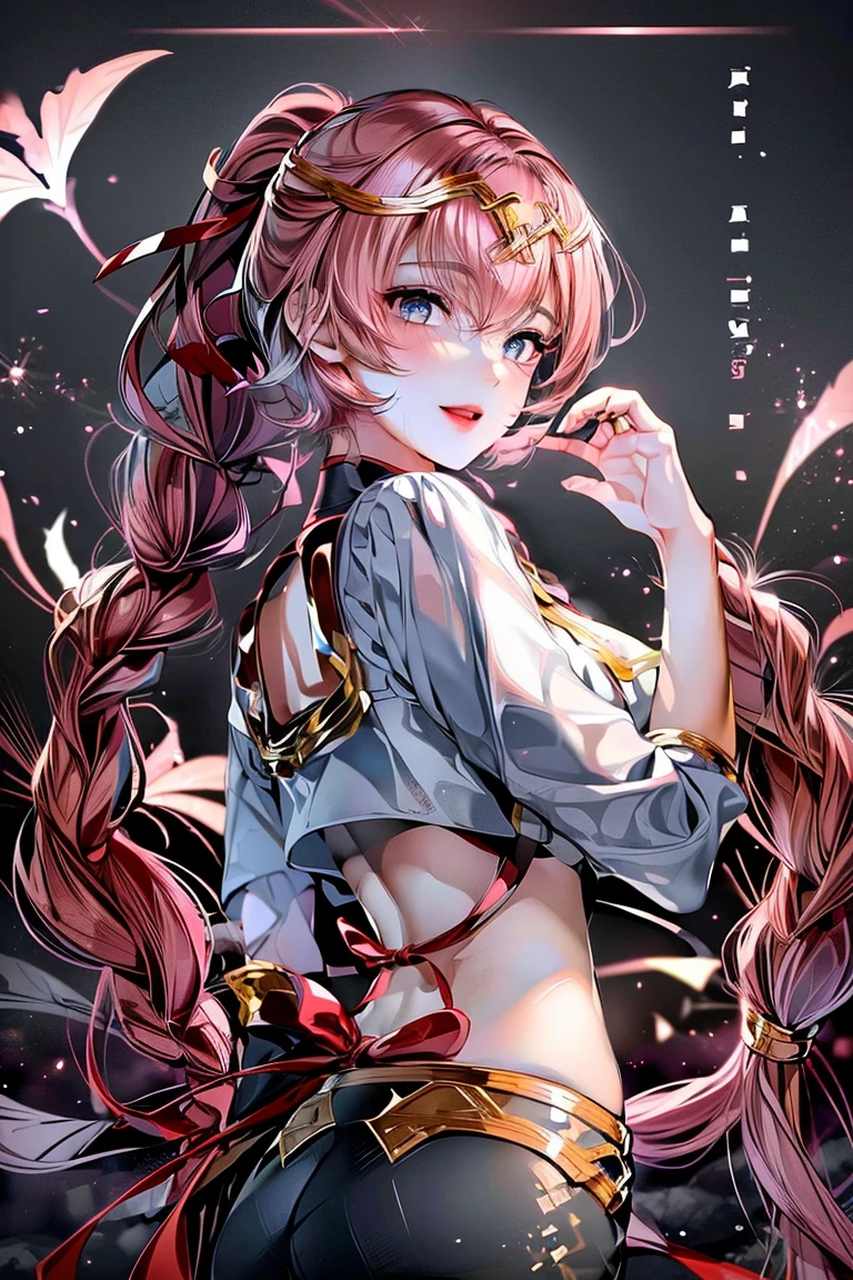 最高masterpiece、16K、最high quality、超High resolution、Detailed face、Detailed eyes、Epic Seven Style、girl、 (Wavy Ponytail, Shoulder hair, Very long hair, very thick hair),(Have beautiful eyes), smile, Happy , Big Breasts, Cleavage, Crescent moon earrings, 2 pairs of leather collars with beautiful jeweled feathers), (Hair Flower Hairpins), Using Lens Flare, chromatic aberration, Attention to detail, anime, Romanticism, About Art, Written boundary depth, Motion Blur, Dazzling Light, Film Grain, 超High resolution, retina, Accurate, masterpiece, Anatomically correct, Rough skin, Very detailed, Attention to details, high quality, Awards, 最high quality, High resolution, 16K, put your hands behind your back