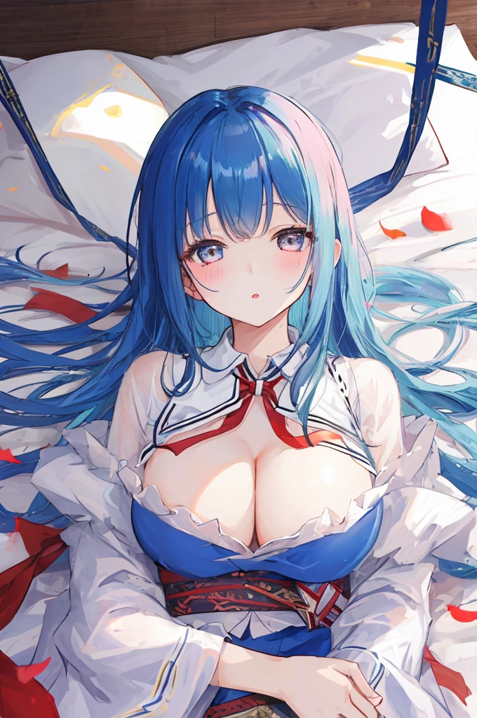 A girl with big ,Alice漫游仙境,fairy tales,((Alice)),Show the chest,Lying on a cloud-shaped bed,