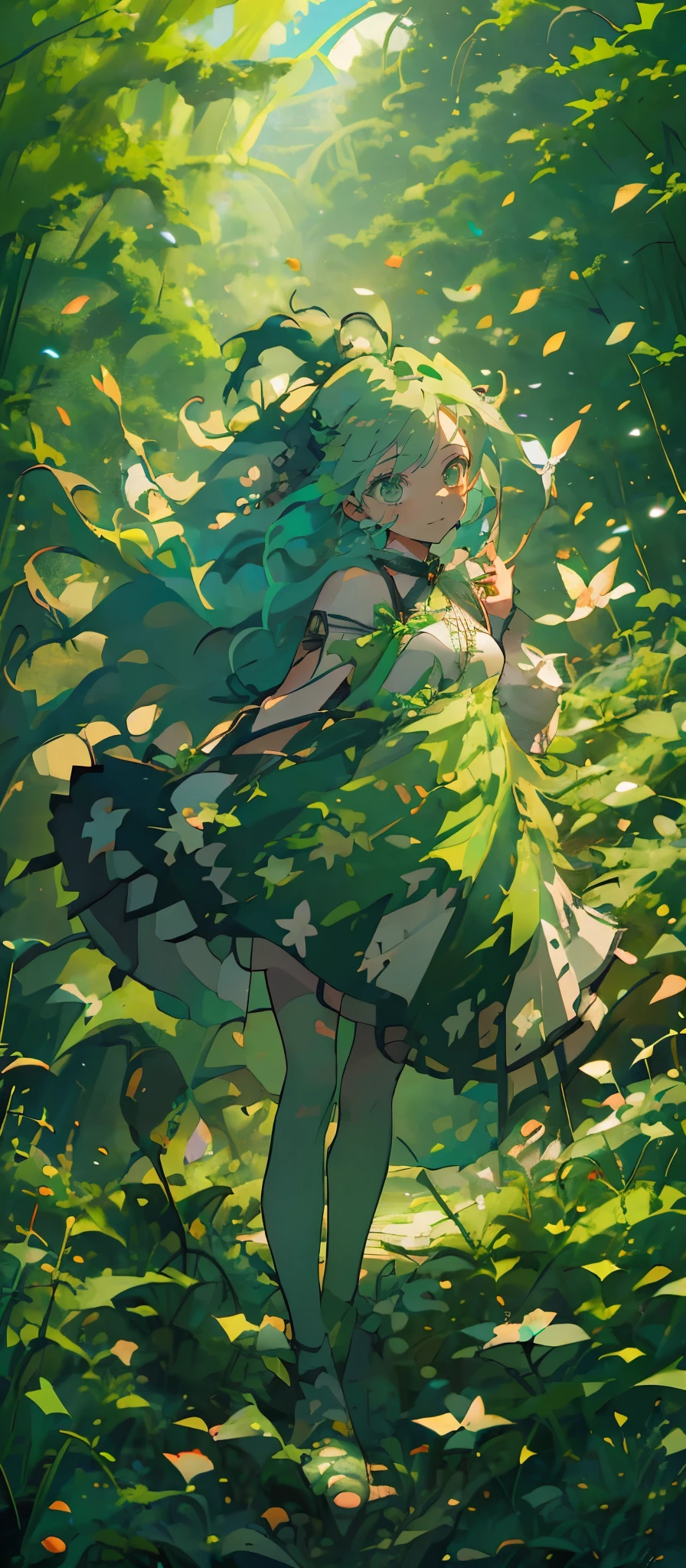 (Mastepiece), (Best Quality), Very detailed, 1 girl, (Solo full body shot:1.4), Perfect Face, beautiful girl, Very detailedな顔,(Green hair long hair:1.5),(Green Eyes:1.4),(Lots of butterflies々:1.2)、(Abandoned City、forest、Flower Field:1.4)、(Lots of petals:1.3)、(smile:1.3)、Fairy、mysterious、Fantasy、beautiful、beautiful