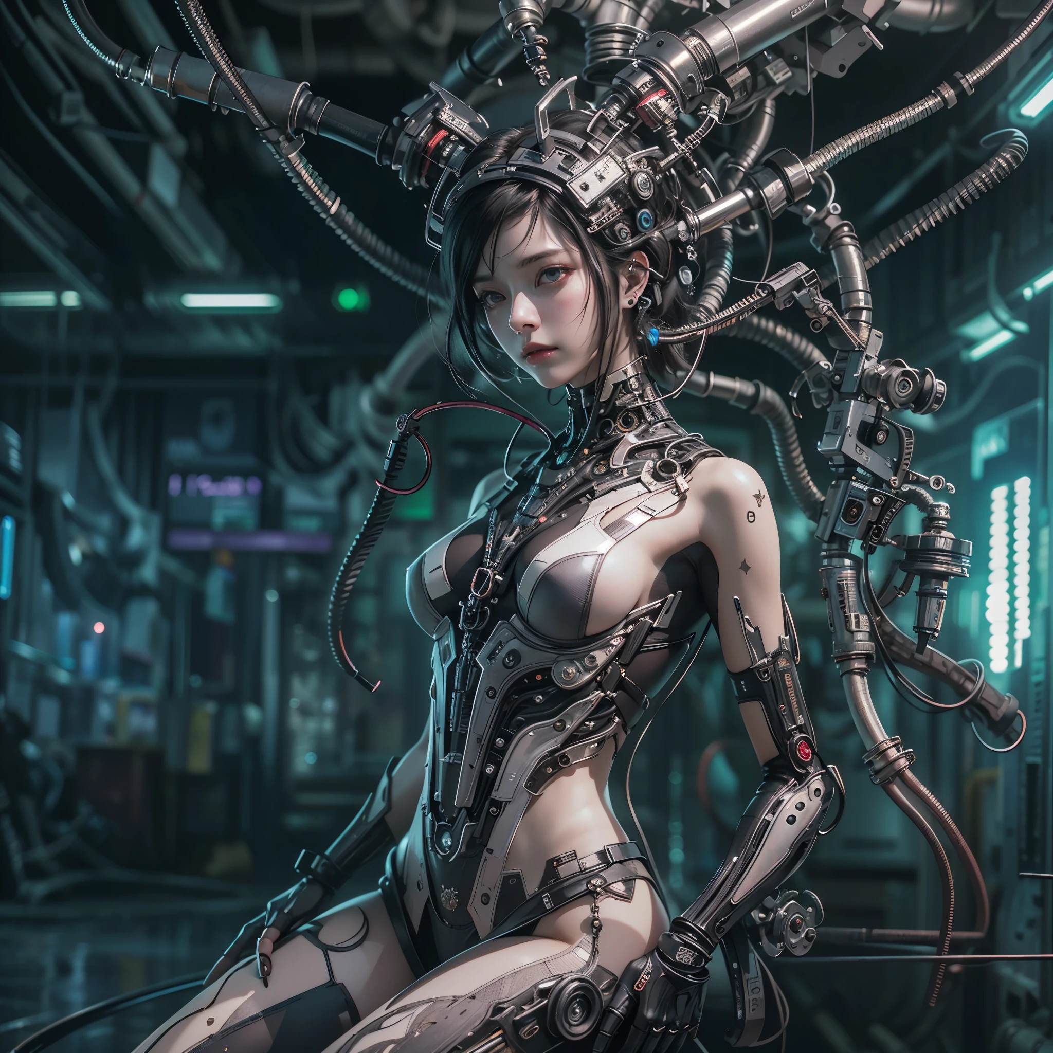 Top Quality, Masterpiece, Ultra High Resolution, ((Photorealistic: 1.4), Raw Photo, 1 cyberpunk Girl, Glossy Skin, 1 Mechanical Girl, (Ultra Realistic Details)), mechanical limbs, tubes connected to the mechanical parts, mechanical vertebrae attached to the spine, mechanical cervical attachment to the neck, wires and cables connecting to the head, Evangelion, Ghost in the Shell, global lighting, deep shadows, Octane Rendering, 8K, Ultra Sharp, Metal, Intricate Ornament Details, baroque details, Very intricate details, realistic light, HDR, CGSoation trend, facing the camera, neon details, (android manufactory in background), ((art by H.R. Giger and Alphonse Mucha.))