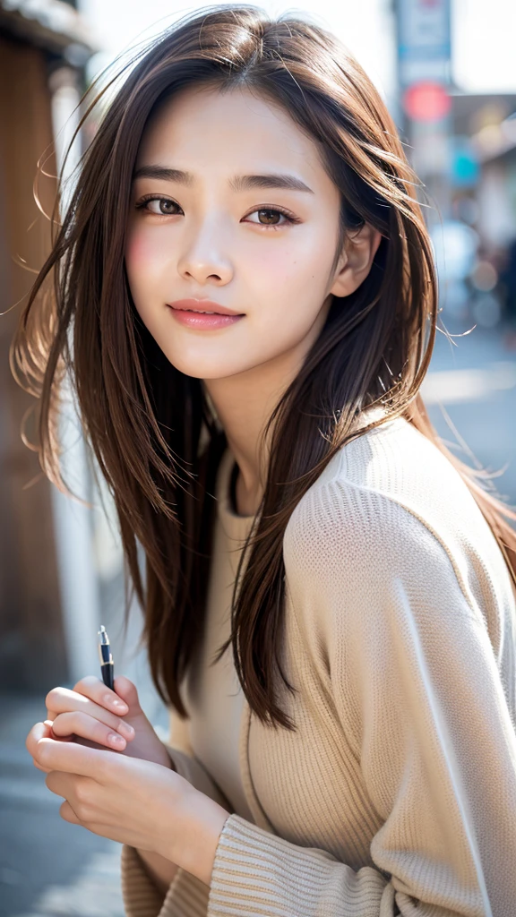 With the alleys of Kyoto in the background、18-year-old girl、independent、Look forward、Light eye makeup、Brown Hair Color、flat 、Hair blowing in the wind、Quality of actress、Shiny, Ultra-realistic faces、Smile expression、Watery eyes、look up、Soothing lighting effects、 Ultra-Realistic Capture、Very detailed、High resolution 16k human skin closeup。Skin texture must be natural、Must be so detailed that pores are visible、skin is healthy、Must be of uniform tone、Use natural light and color、High quality photos taken by modeling agencies'Exclusive photographer、smile whole body
