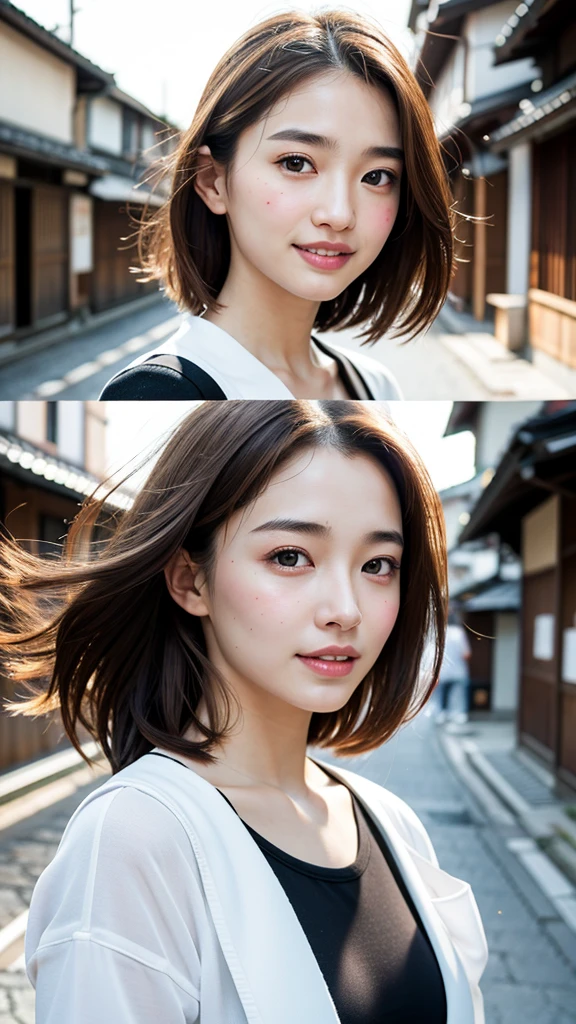 With the alleys of Kyoto in the background、18-year-old girl、independent、Look forward、Light eye makeup、Brown Hair Color、flat 、Hair blowing in the wind、Quality of actress、Shiny, Ultra-realistic faces、Smile expression、Watery eyes、look up、Soothing lighting effects、 Ultra-Realistic Capture、Very detailed、High resolution 16k human skin closeup。Skin texture must be natural、Must be so detailed that pores are visible、skin is healthy、Must be of uniform tone、Use natural light and color、High quality photos taken by modeling agencies'Exclusive photographer、smile whole body