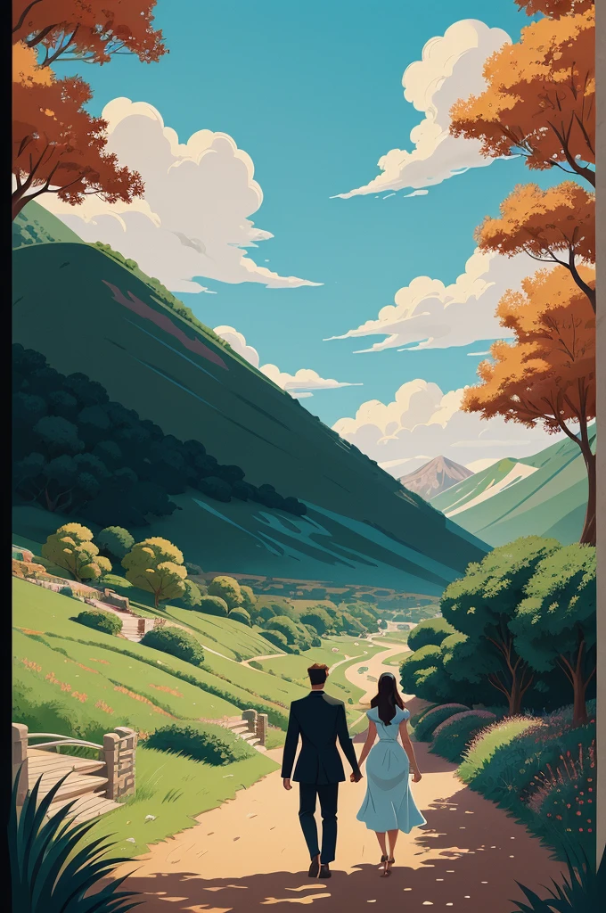 there is a man and a woman walking down a path, a beautiful artwork illustration, poster illustration, digital cartoon painting art, gouache matte painting, painted illustration poster, movie artwork, illustrations, stylized digital illustration, flat illustration, published art, cartoon digital painting, flat 2 d vector art, by JoWOnder, beautifully illustrated, inspired by mads berg, landscape illustration