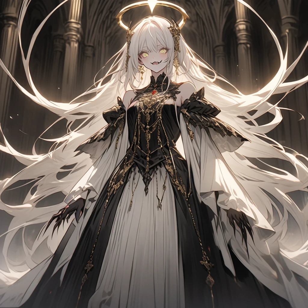 Create a detailed character design of a Linaris, a vampire-human hybrid with a predominantly vampiric appearance. The Linaris has skin that is nearly white with a porcelain-like sheen and a subtle bluish tint. Its eyes are yellow, casting an eerie and captivating light in the dark. The character’s long, thick white hair flows elegantly, adding to its ethereal presence. Display sharp, long fangs that are prominently visible, hinting at its predatory nature. The body is lean and athletic, with defined muscles, standing between 160 and 190 cm tall. The hands and feet are elongated with claws-like, sharp nails. Showcase the Linaris in luxurious, opulent medieval attire, such as a richly embroidered velvet coat, elaborate jewelry, and a regal cape. Position the character in a lavish fantasy bar, complete with rich wood paneling, golden accents, and a mix of dim, ambient lighting that enhances the character’s sinister and majestic aura.