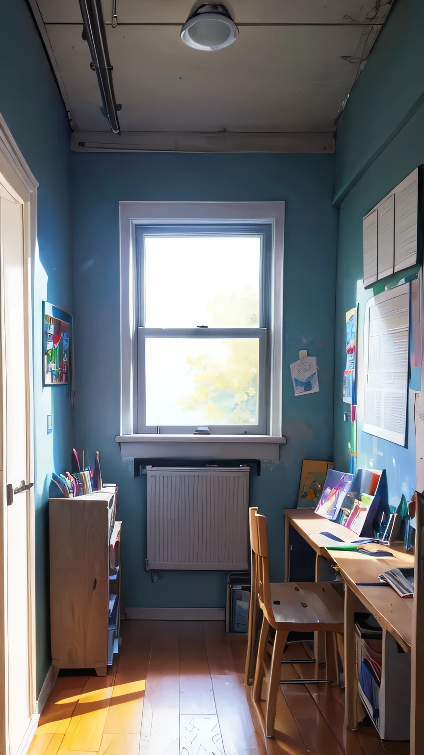 The canvas on the drawing board with a shelf by the French window in the art classroom(Cross punishment slam color grid graffiti painting)