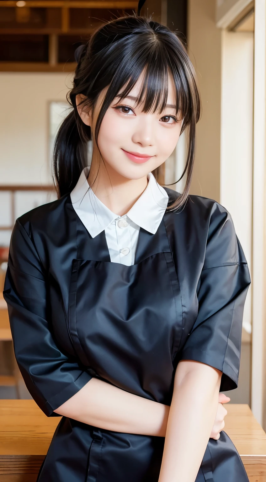 (Highest quality,masterpiece:1.3,Ultra-high resolution,),(Very detailed,Caustics),(Realistic:1.4,RAW shooting,)Ultra-Realistic Capture,Very detailed,High resolution 16K human skin closeup。 Natural skin texture、,pores、、、、It must be detailed enough to be easily identifiable。 Skin tone is even and healthy looking。 Use natural light and colour,restaurant,Waitress Uniform,1 girl,Japanese,18-year-old,cute,Black-haired,ponytail,Big Breasts,smile,Turn your body forward,(Front view:1.1),Looking into the camera,Cowboy Shot,