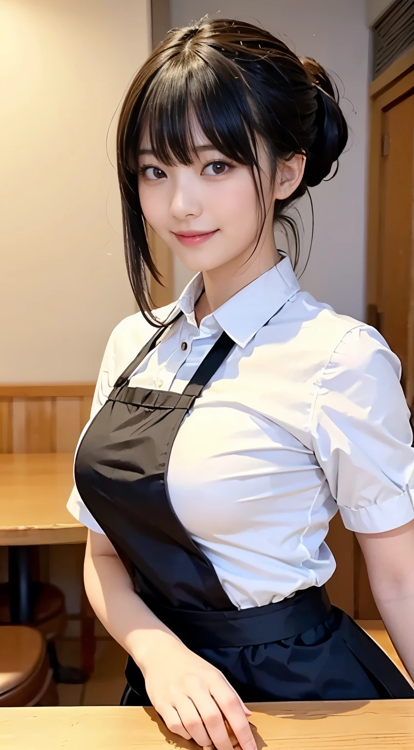 (Highest quality,masterpiece:1.3,Ultra-high resolution,),(Very detailed,Caustics),(Realistic:1.4,RAW shooting,)Ultra-Realistic Capture,Very detailed,High resolution 16K human skin closeup。 Natural skin texture、,pores、、、、It must be detailed enough to be easily identifiable。 Skin tone is even and healthy looking。 Use natural light and colour,restaurant,Waitress Uniform,1 girl,Japanese,18-year-old,cute,Black-haired,ponytail,Big Breasts,smile,Turn your body forward,(Front view:1.1),Looking into the camera,Cowboy Shot,