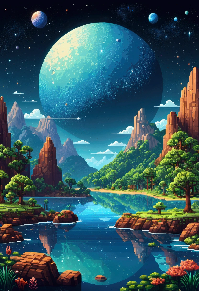 Pixel Art, flat design, Ultra-high detail. Landscape universe