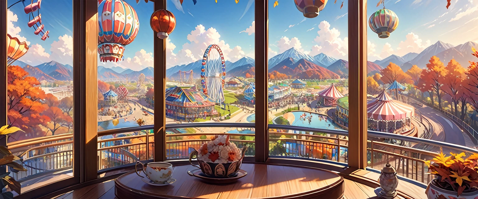 The scenery outside the window of the gondola at the top of the Ferris wheel, can see roller coasters, carousels, haunted teacups, and more, distant view, outside the amusement park is a residential area, mountains can be seen in the distance, amusement park,It is late autumn, 