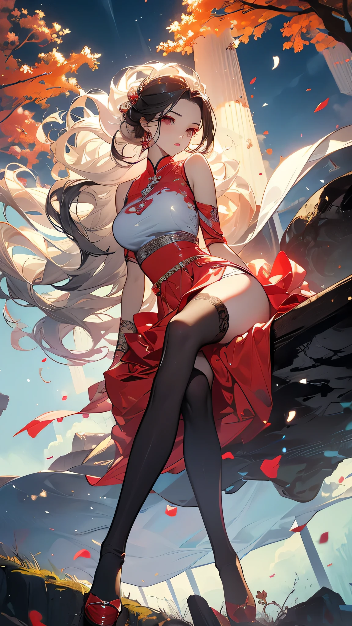 ((masterpiece, best quality)), Delicate face,JK style,Full body painting,Perfect body proportions,Large Breasts,Long legs,((Long wavy hair)), ((Half of her hair is white,The other half is black,Available in two colors)),beautiful eyes,Fantasy style,Extremely beautiful,transparent,_underwear,Lace,Pantyhose,(masterpiece, best quality:1.2), 1girl, solo, ((gufeng,bare shoulders)), at the hilltop,Moonlight,((night)), ((full body)), ((from below)), ((sitting position, sitting at the edge of a cliff)), figure of heroine,Slender sexy legs,very beautiful legs,Leaking sexy legs,Big breasts,beauty, mystery。Exquisite facial beauty,Otherworldly beauty。The bridge of the nose is straight,Lip color like cherry,Confident and calm。face chiseled,Skin as fair as jade,Makeup is light and delicate,Show her temperament and charm。Light foundation, Transparency of skin,perfect eyebrow shape,eye makeup,eye shadow,Eyeliner,Eyes are brighter and more energetic。Put on grace lipstick,Charm and sophistication。Graceful and chic clothes,Clothes flutter,Blown up by the wind,drifting into the distance。grace,Swinging action。Hair tied haphazardly behind the head,Secure it with a hosta,Strands of hair flutter gently in the wind,A beautiful landscape,Attract attention。beauty、grace、mystery